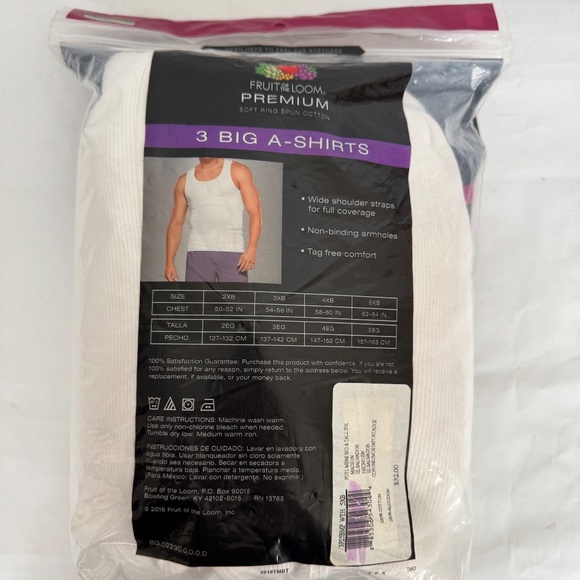 Fruit Of The Loom Premium Bigman 3 A-Shirts Tag Free Tank Undershirts 5XB 62-64 - Picture 7 of 9